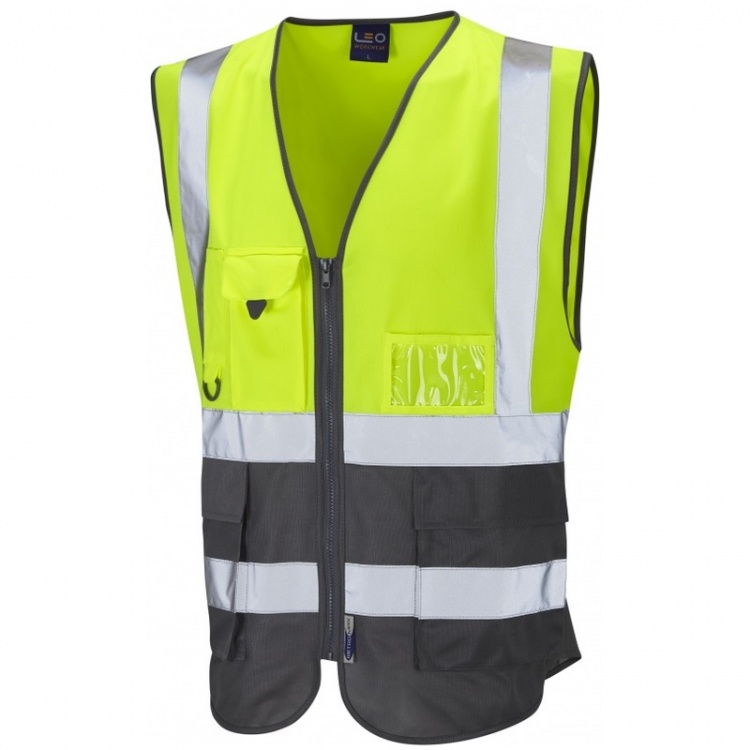 Leo Workwear W11-Y/GY Lynton Hi Vis Superior Waistcoat Yellow / Grey